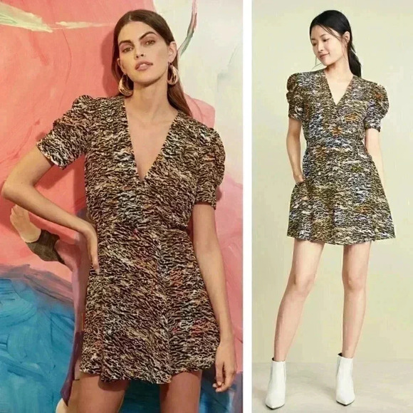 NEW Saloni Lea Wrap Silk Mini Dress Ink Tiger Print Puff Sleeves Club Party